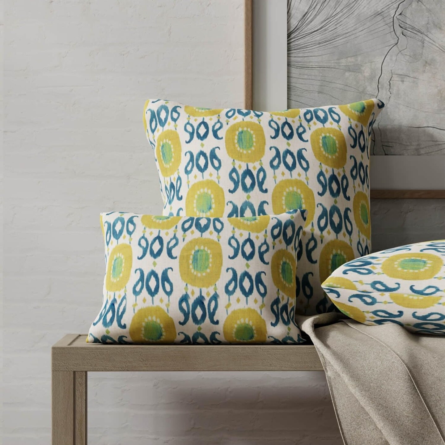 Blue Green Stain Resistant Performance Abstract Global Print Upholstery Fabric by The Yard - SKU: Elantra Citron