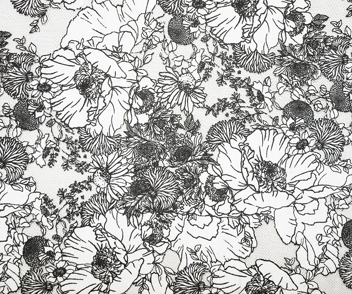 Black-White Cotton-Poly Floral Patch Printed Lace Mesh Knit Fabric By the Yard