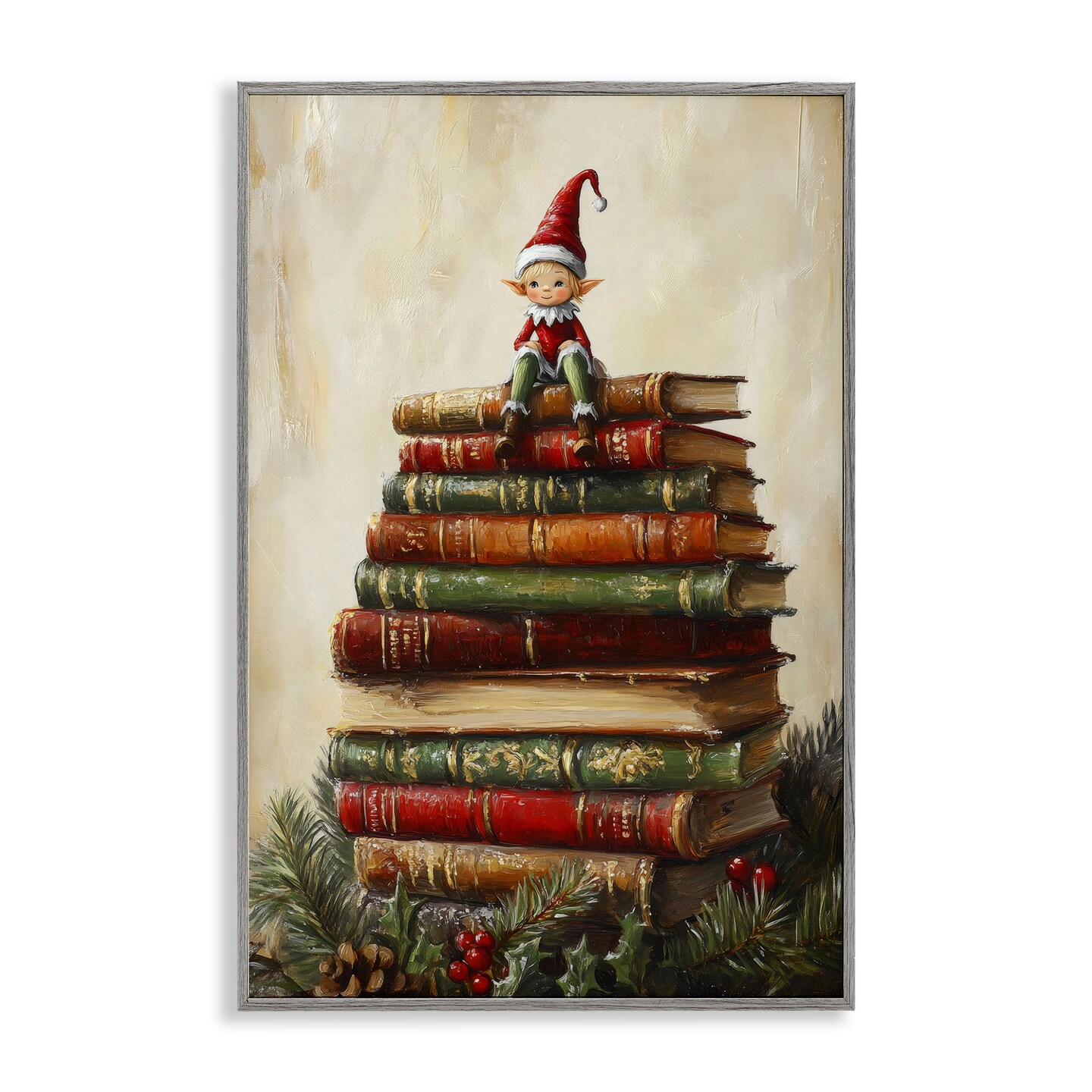 Stupell Industries Christmas Elf Bookstack Framed Giclee, design by Petal Prints Design