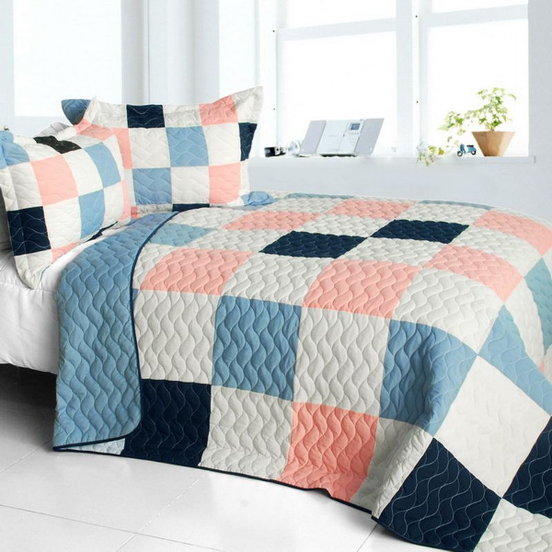 Full/Queen Plaid Quilt Set, TC Fabric Vermicelli Quilted, Reversible 3-Piece Set