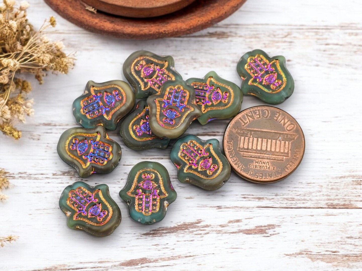 *10* 15x10mm Metallic Volcano Washed Matte Blended Mossy Beige Hamsa Hand Beads