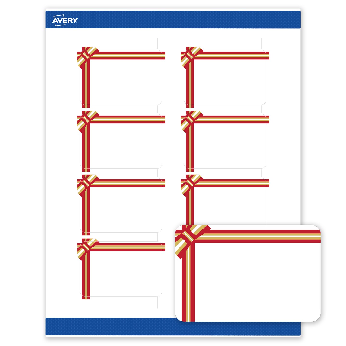 Avery Printable Labels with Sure Feed Technology, Rectangle, 2" x 3", Pre-Printed Red & Metallic Gold Gift Bow Design, Matte White, Laser & Inkjet Compatible, 80 Total