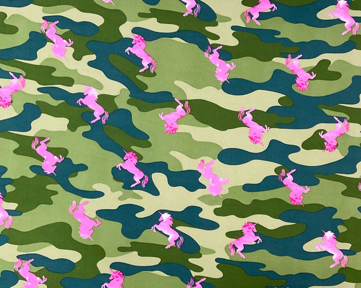 Green-Pink Poly Stretch Spandex Camo Unicorn Print DB Jersey Knit Fabric By the Yard