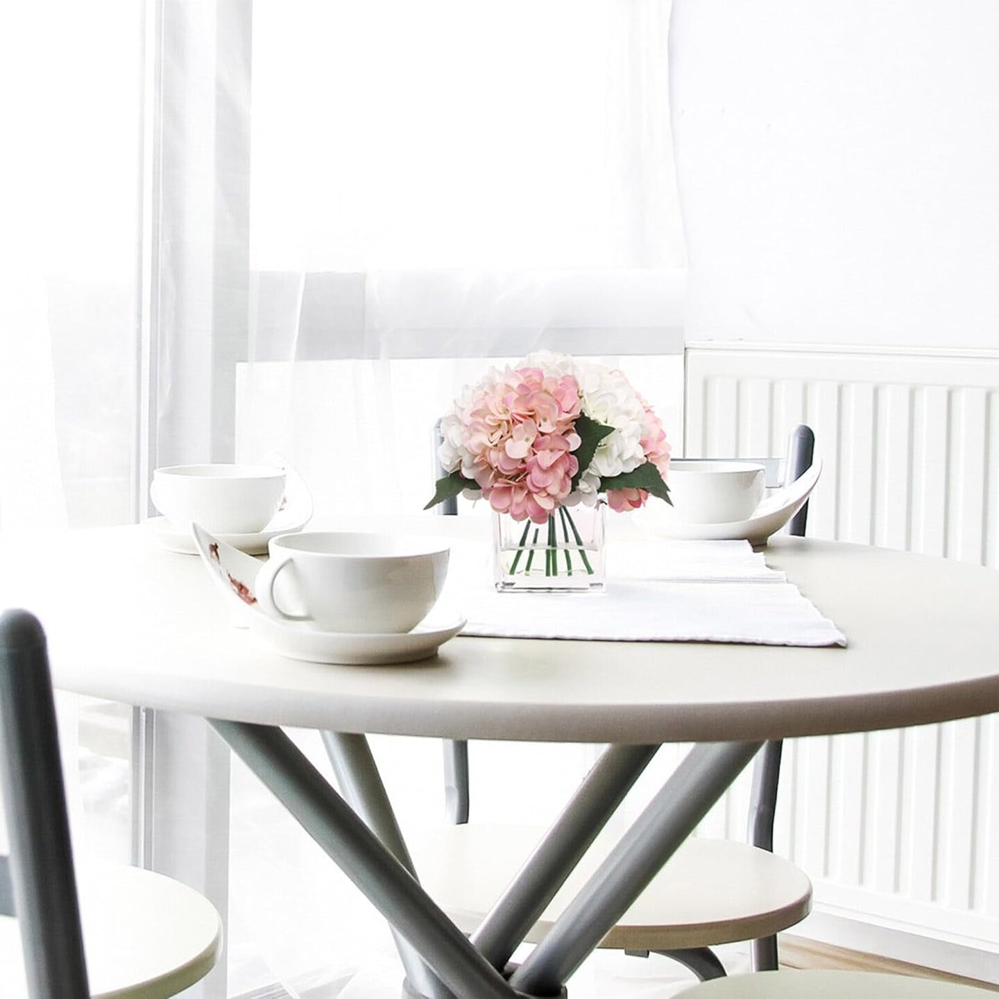 8-Pack Pink & White Hydrangea Arrangements | Faux Florals in Glass Vases with Water Look – Bulk Decor for Events & Homes