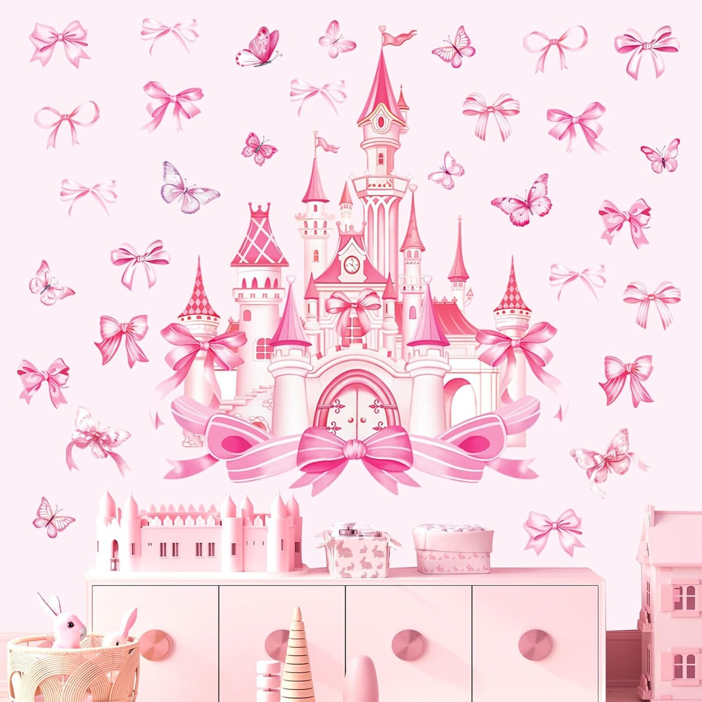 Large Castle Wall Stickers Pink Girl Room Bow Knot Butterfly Peel (Multi)