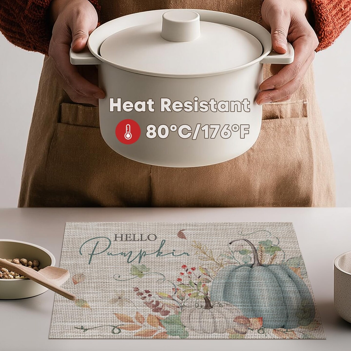 Blue Hello Pumpkin Leaves Fall Vinyl Placemats Set of 4(Blue)