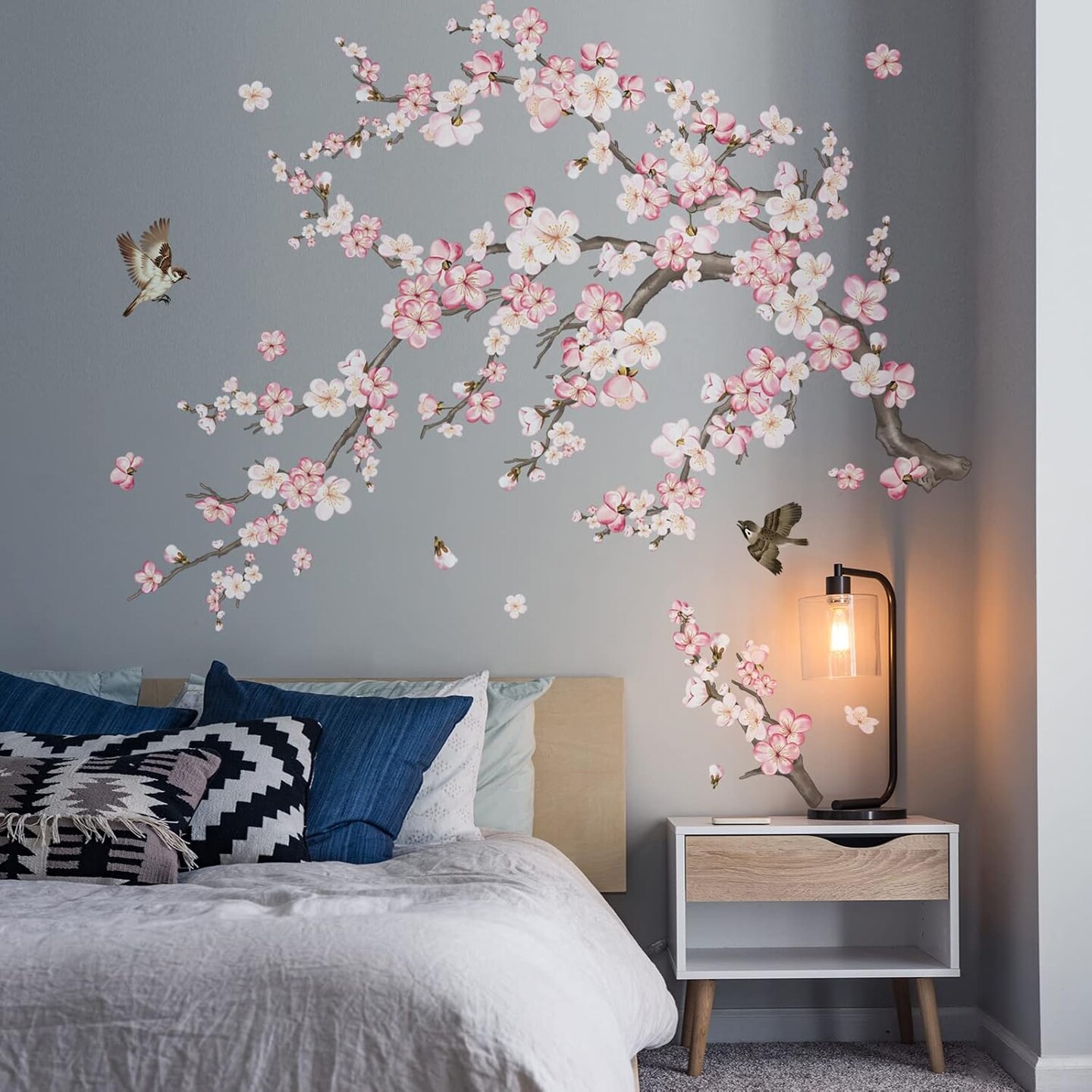 Cherry Blossom Wall Stickers Pink and White Flower Tree Branch Peel (Multicolor)