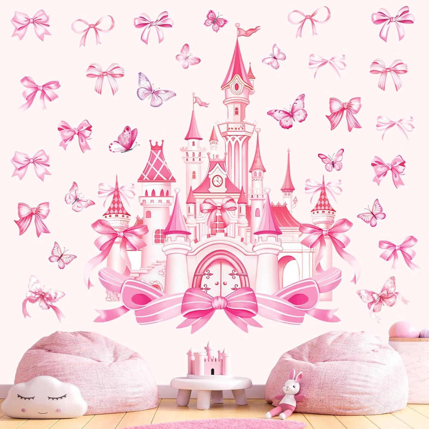 Large Castle Wall Stickers Pink Girl Room Bow Knot Butterfly Peel (Multi)