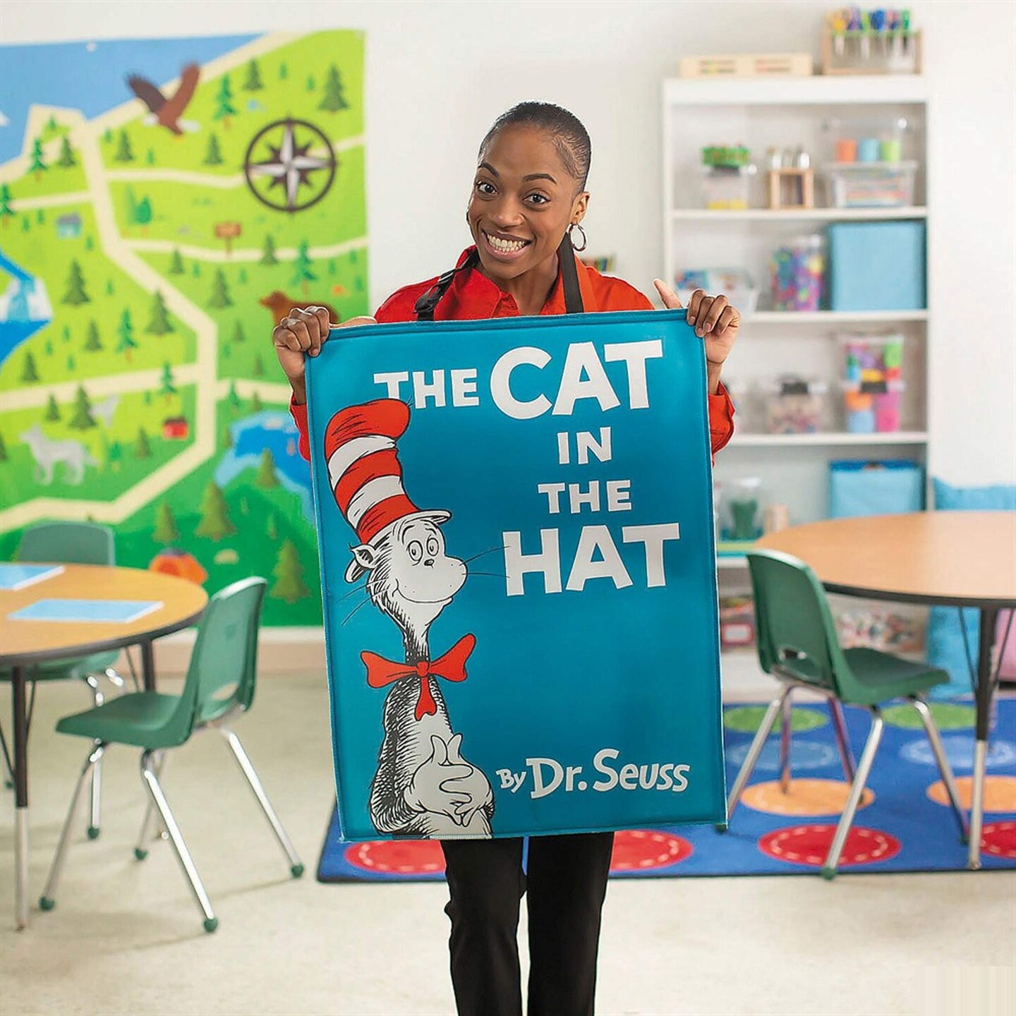 Adults Cat in the Hat Book Cover Costume with Support Pole Perfect for Halloween Parties