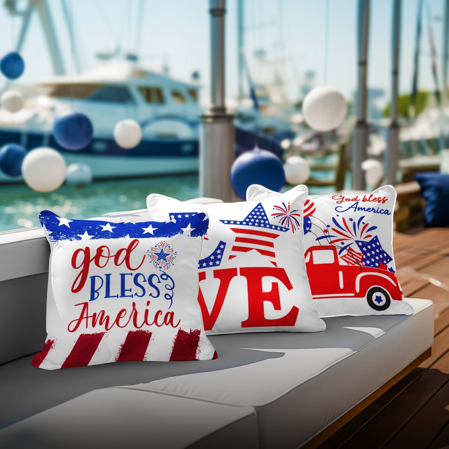 G128 Patriotic Decoration Gnome & Fireworks Waterproof Throw Pillow | 18 x 18 in | Set of 4, Beautiful Cushion Covers for Independence Memorial Day Sofa Couch Decoration, Pillow Insert Included