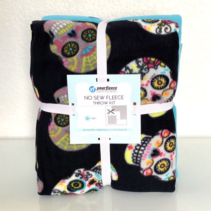 Sugarskulls Black Anti-Pill No-Sew Throw Fleece Fabric Kit