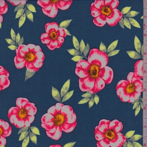 Blue/Hot Pink Floral Double Brushed Jersey Knit Fabric By the Yard