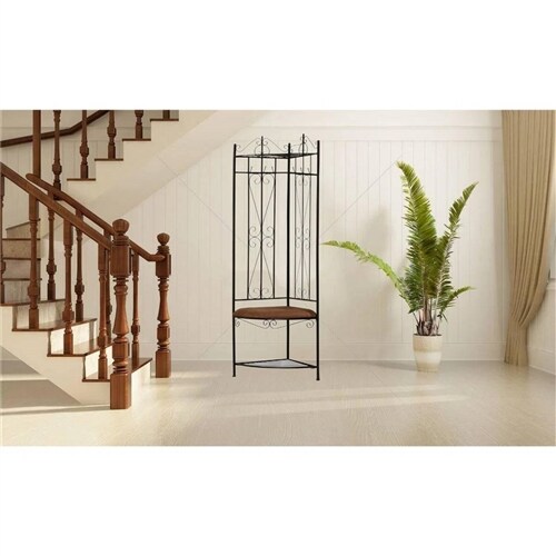 Black Corner Hall Tree with Storage Bench, 6 Hooks and Metal Frame for Entryway Organization