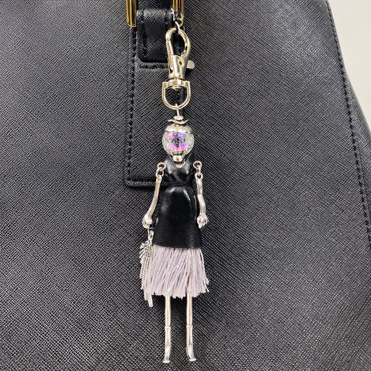 Wrapables Hanging Fashionista Doll Keychain, Crystal Rhinestone Keyring Bag Charm, Black Leather