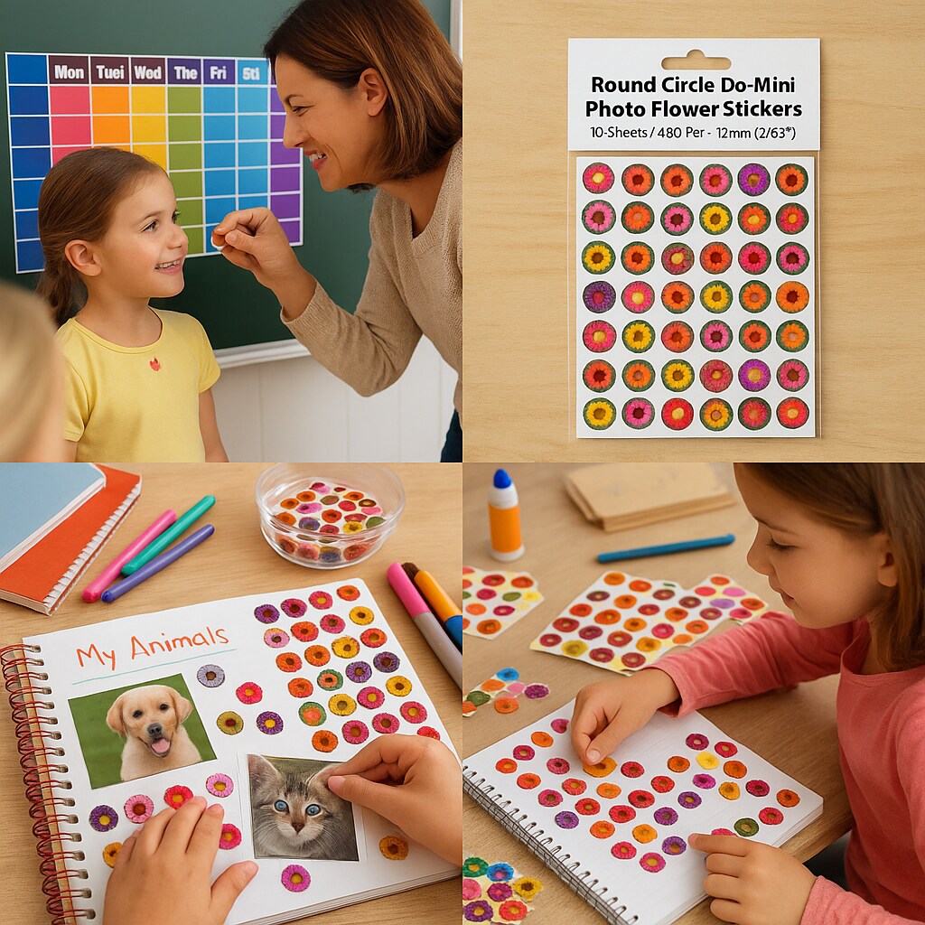 Round Circle Dot Mini Photo Flower Stickers &#x2013; 10 Sheets, 480 Pack (17mm / 0.66&#x22;) Colorful Floral Stickers for Classroom Rewards, Scrapbooking &#x26; Crafts