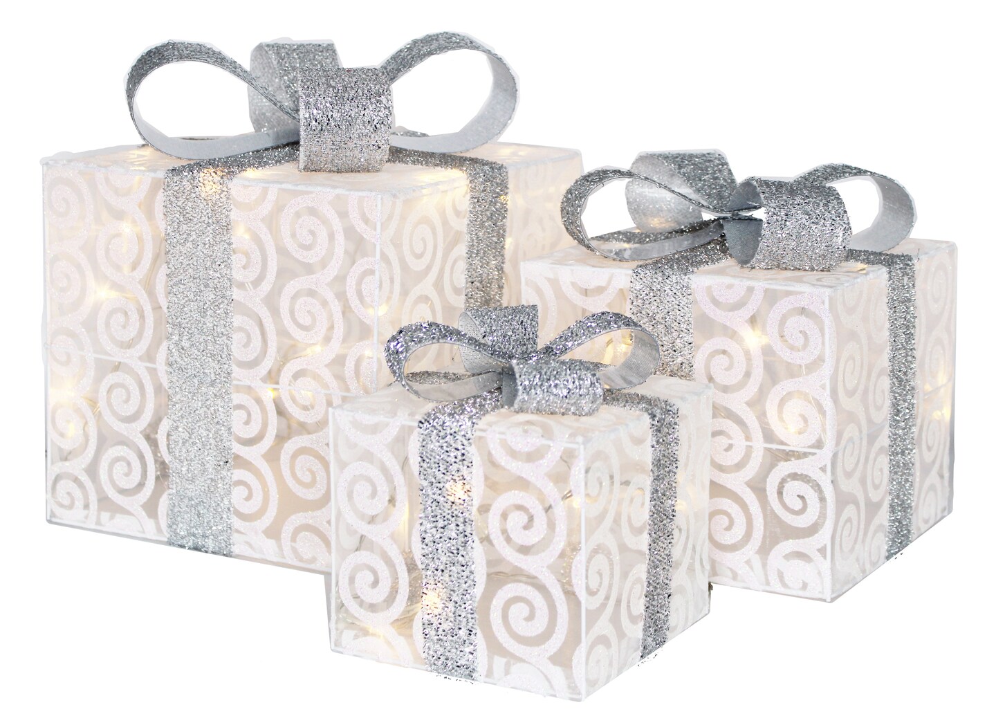 3 Piece Lighted White Gift Box Set with Silver Ribbon and Bow