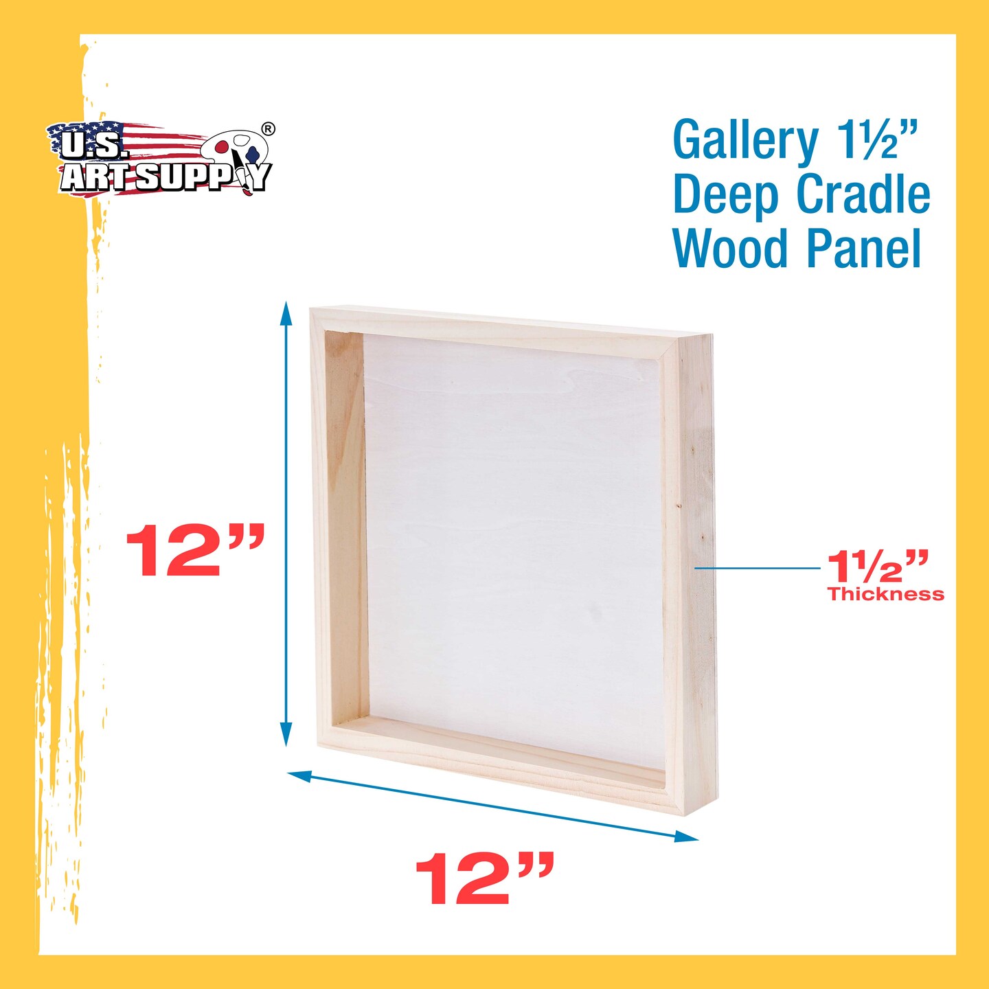 Unfinished Cradled Wood Panels for Painting, 3 Pack of 12x12 inch - Gallery Birch Wooden Canvas Boards 1-1/2&#x22; Deep - Mixed-Media Craft, Acrylic, Oil, Encaustic, Paint Pouring