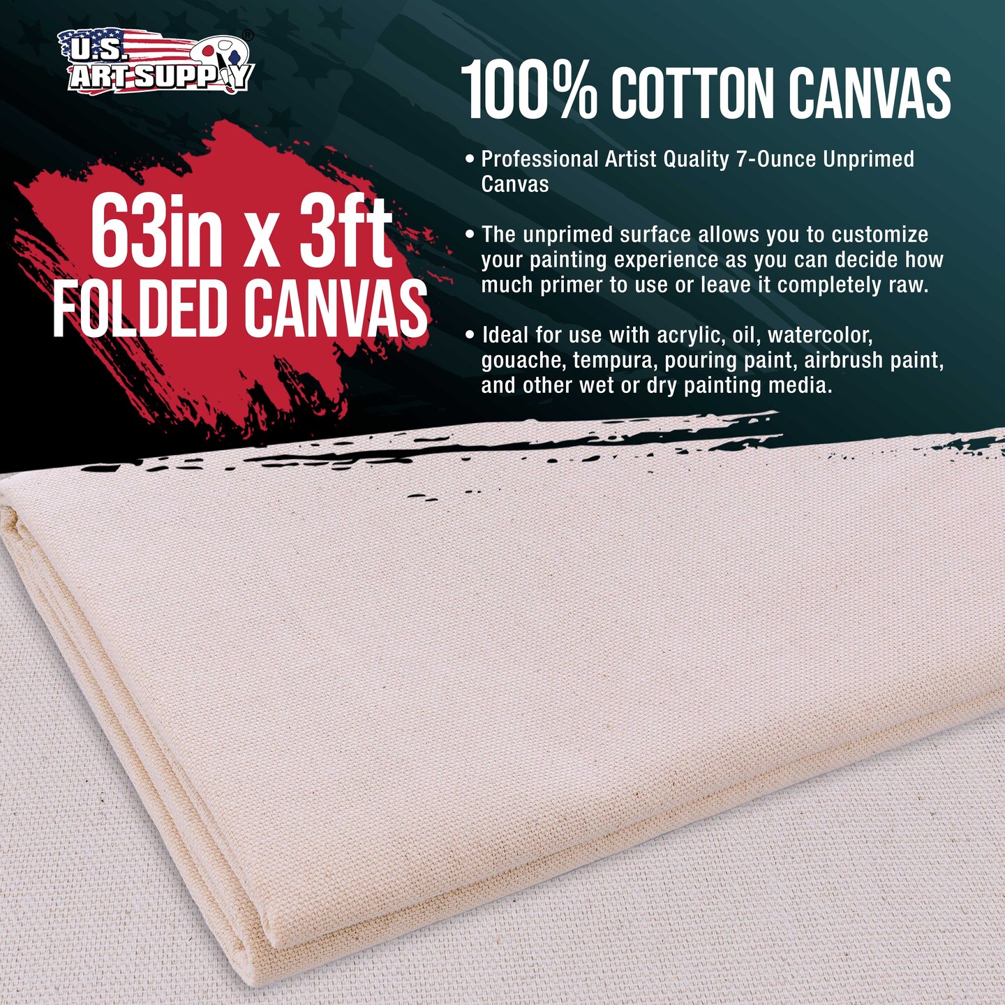U.S. Art Supply 7-Ounce Unprimed Canvas Roll, 63&#x22; Wide x 3&#x27; Long (1 Yard) - 100% Cotton, Woven, Acid-Free - Unstretched Canvas Rolls for Painting, Murals, &#x26; DIY Crafts