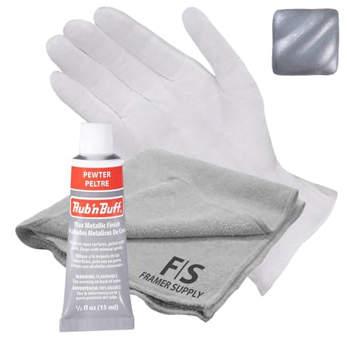 Rub n Buff Metallic Wax with Cotton Glove and 8" x 8" Cloth - Gilding Wax for a Smooth Adjustable Gloss Finish - Single 0.5oz/15ml Tube (Pewter)