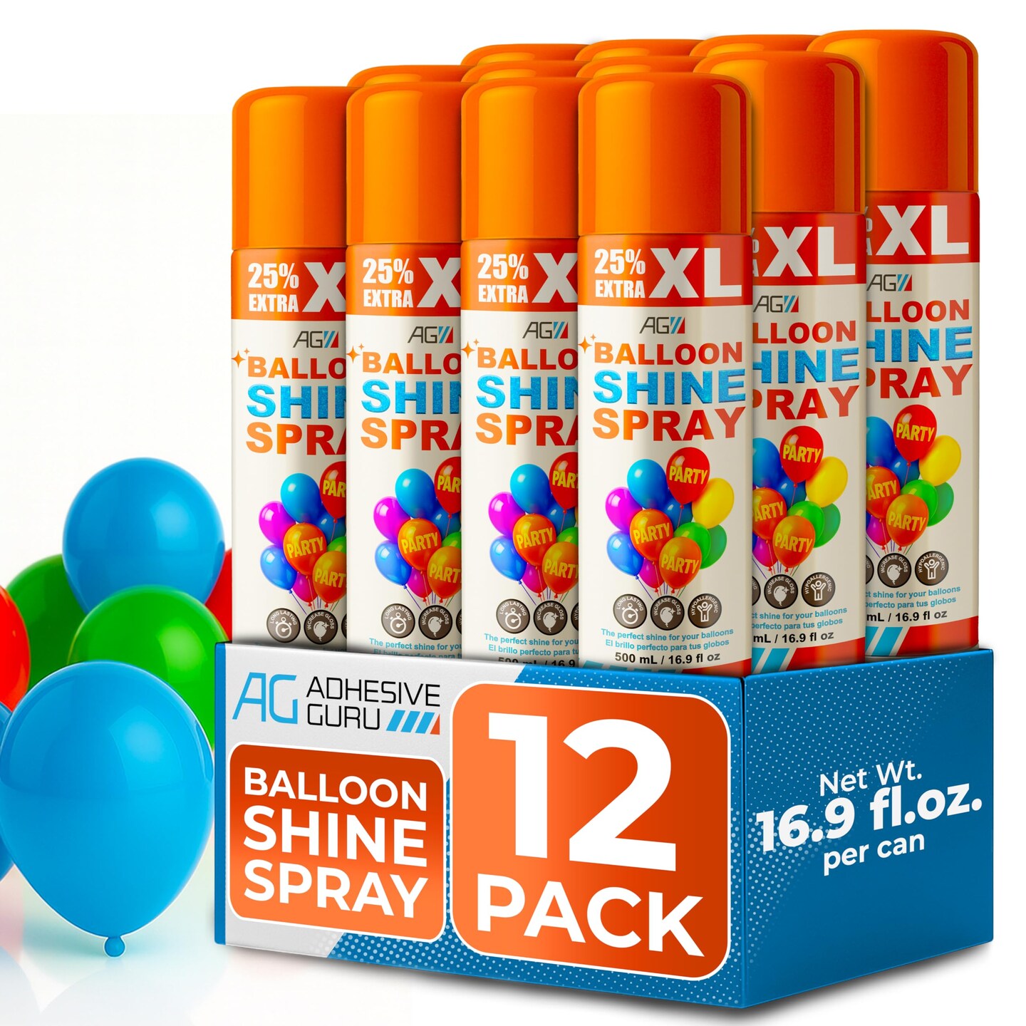 AG Balloon Shine Spray 16.9 fl oz. XL SIZE, Odorless High Gloss for Latex Balloons, Long-Lasting Party & Event Shine