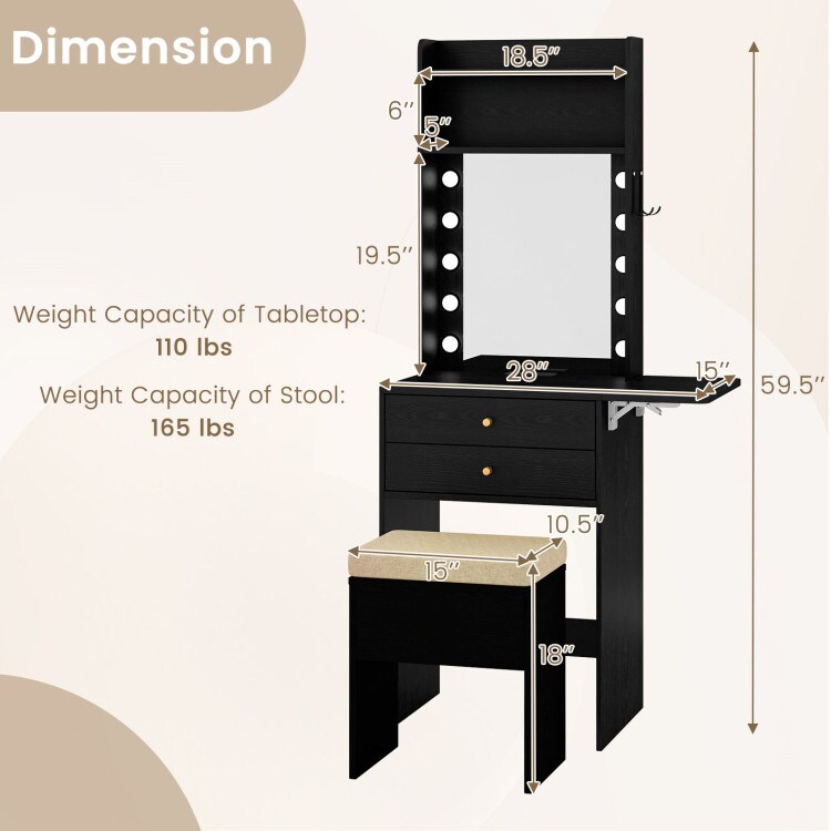 Black Vanity Desk with LED Lighted Mirror Charging Station and Drawers, Stool and Storage Shelves