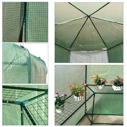 Outdoor Hexagon Greenhouse 6.5x7 ft with 10 Shelves Powder Coated Steel Frame
