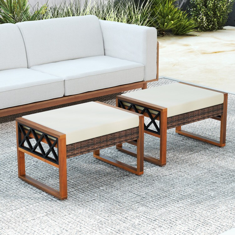 PE Rattan Wicker Ottomans Set of 2 with Removable Cushions-Beige
