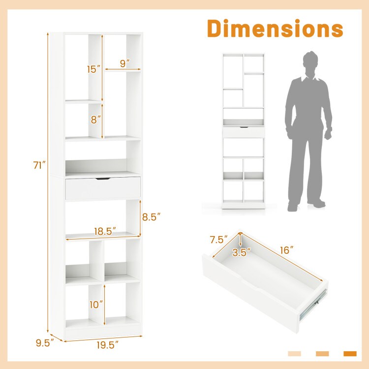 7-Tier Storage Shelf with Drawer Tall Floor Standing Bookcase