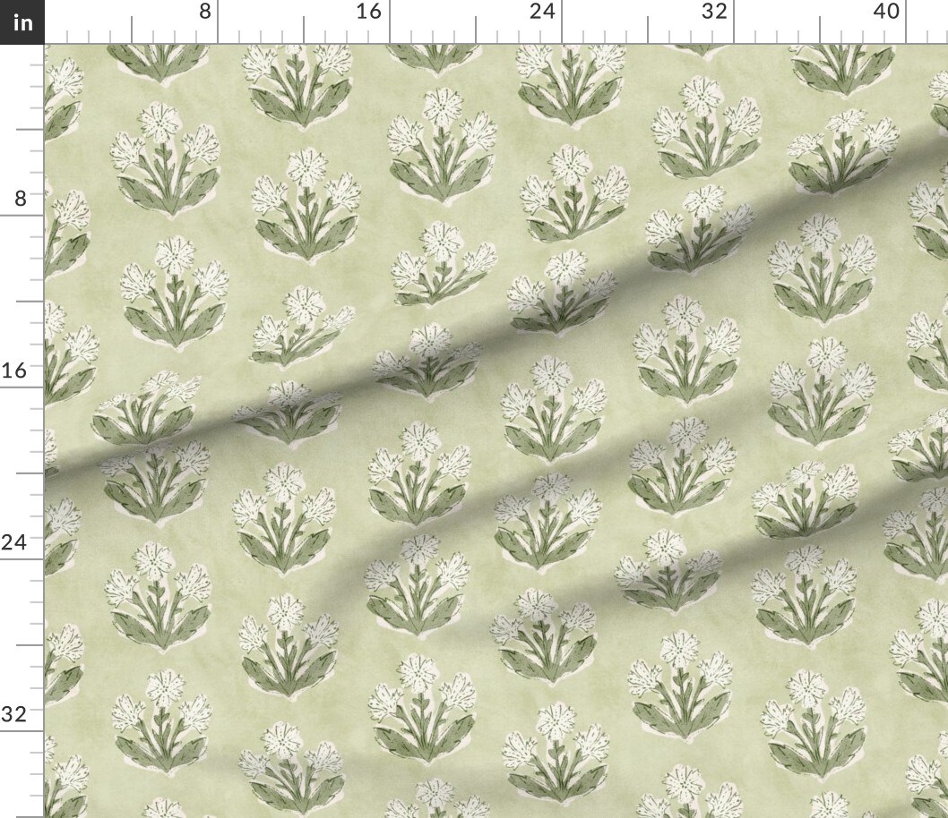 Traditional Botanical Block Print Cottagecore Grandmillennial Preppy Wildflowers Blossom Floral Garden Vintage Green And White Classic Boho Custom Printed Fabric by Spoonflower Various Fabrics by the Yard or Fat Quarter 15925327