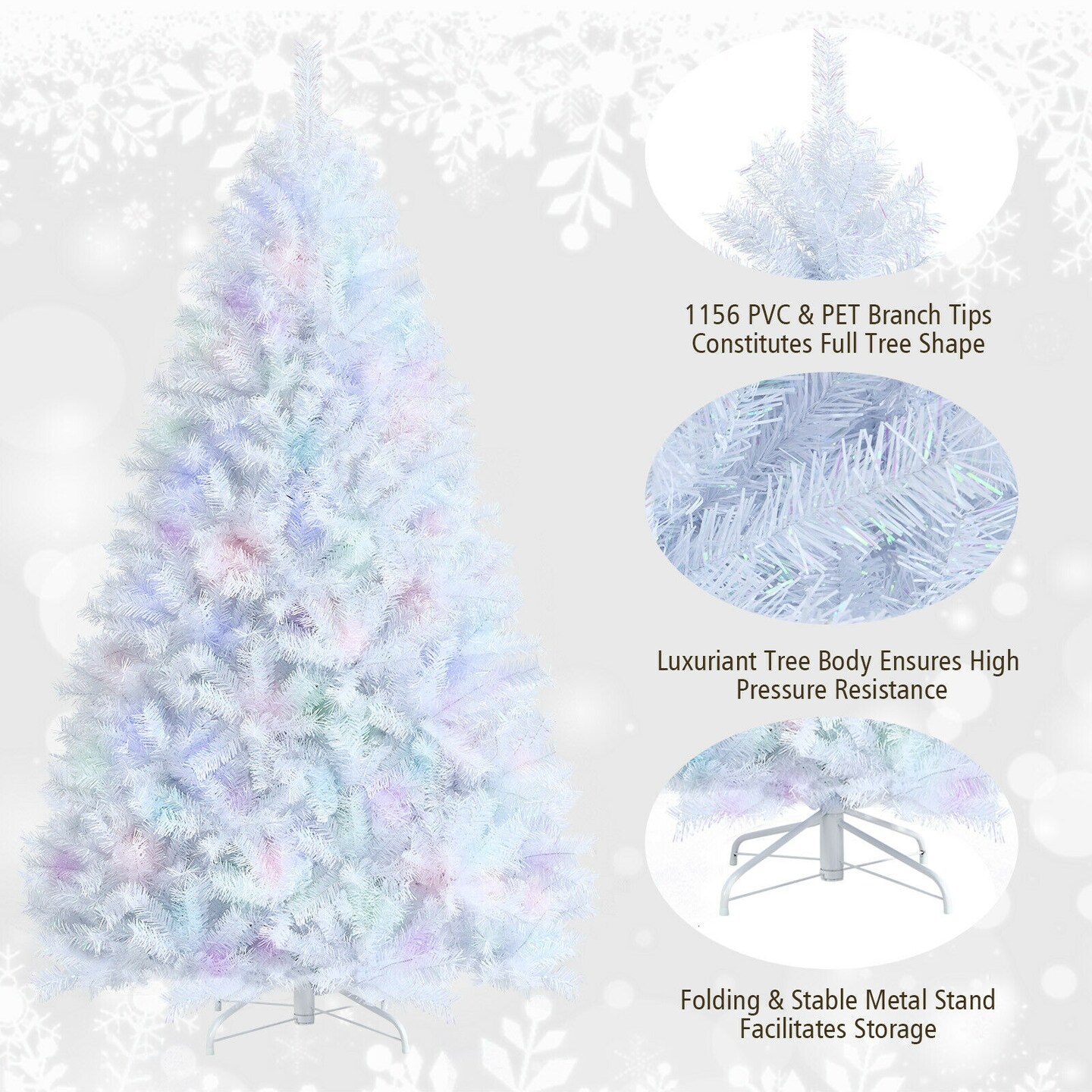 White PVC PET Christmas Tree 7ft with 1156 Tips and Metal Stand