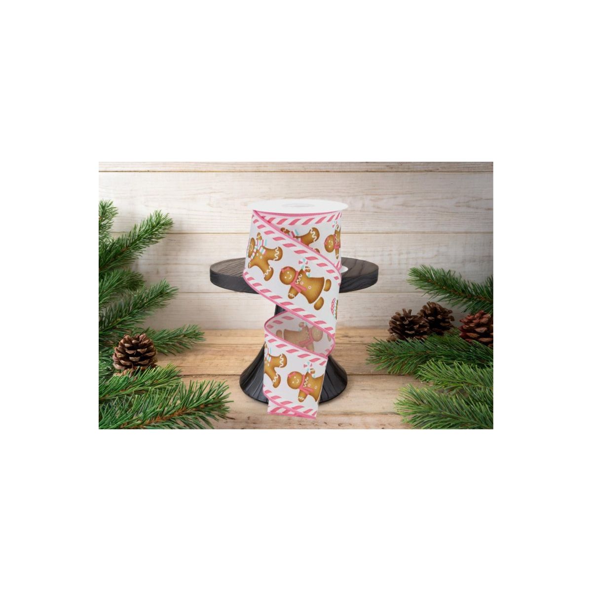 2.5&#x22; Gingerbread Boy Girl Ribbon: White/Pink (10 Yards)