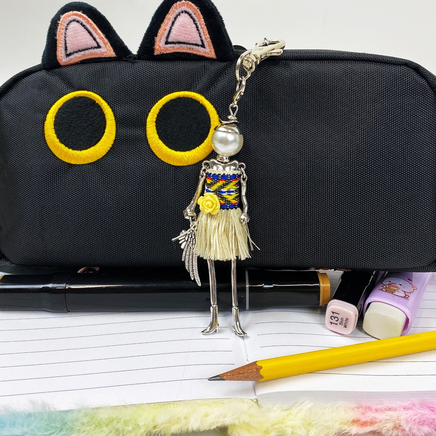 Wrapables Hanging Fashionista Doll Keychain, Crystal Rhinestone Keyring Bag Charm, Boho Rose