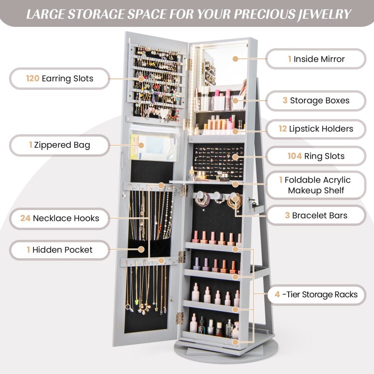 Grey MDF Jewelry Cabinet with Full-Length Mirror and LED Lights