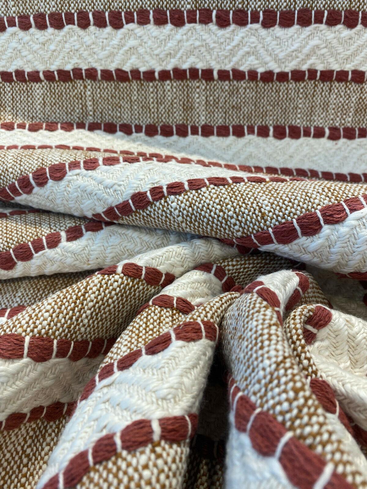 1 Yard Handwoven Stripe Upholstery Fabric in Cinnabar Rust Red and Beige 54 inch Width