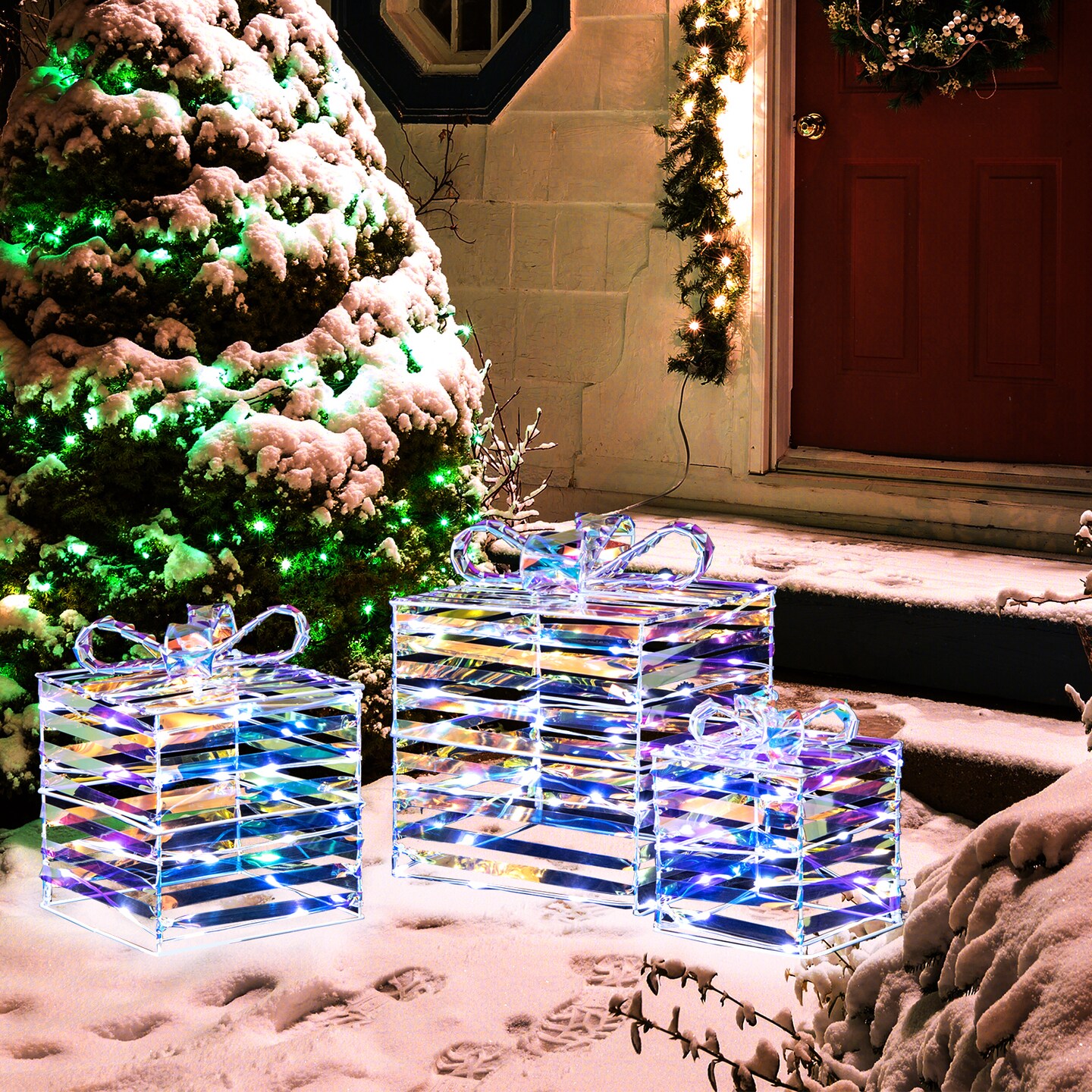 Set of 3 White LED Christmas Gift Boxes Set with PVC, Metal and Outdoor Ready