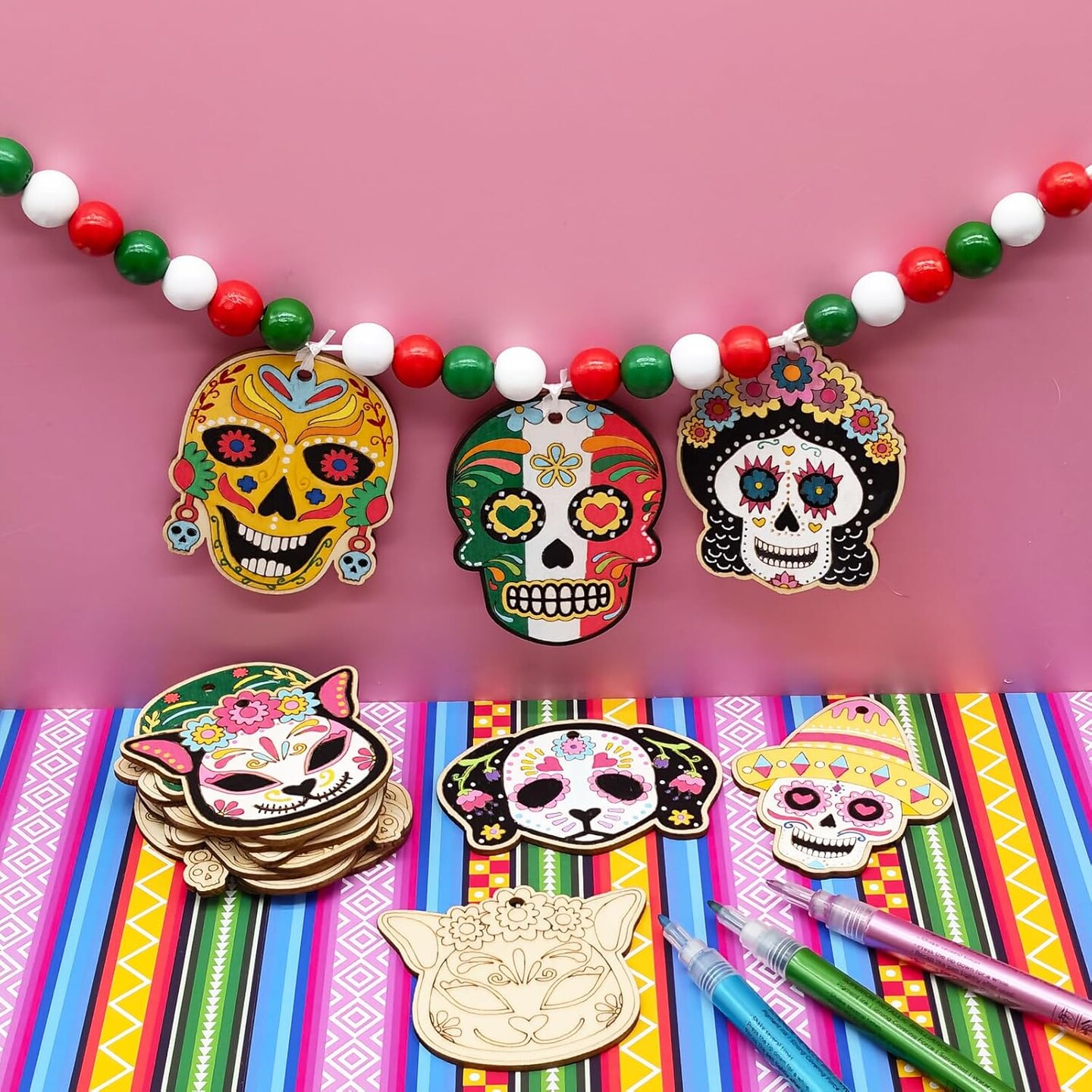 48 Sets Day of The Dead Skull Crafts Kits Unfinished Wooden Sugar Skull Ornaments Make Your Own Mexican Fiesta Festival Decor Halloween Blank DIY Painting Cutout Hanging Slices Tree Decorations