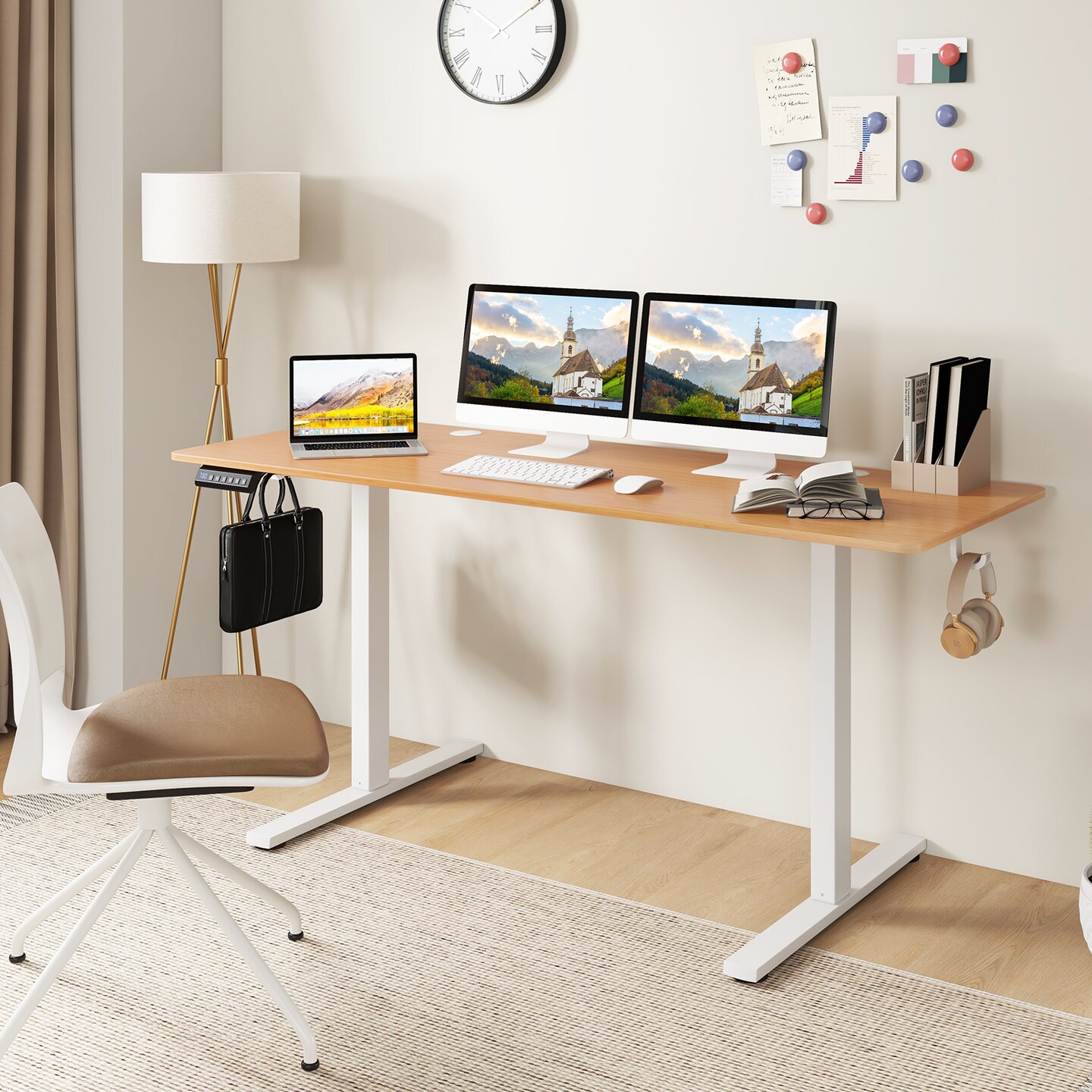 Natural Top White Frame Electric Standing Desk with Adjustable Height