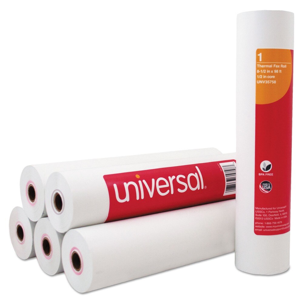 Universal 8.5 in. x 98 ft. 0.5 in. Core Direct Thermal Printing Fax Paper Rolls - White (6/Carton)