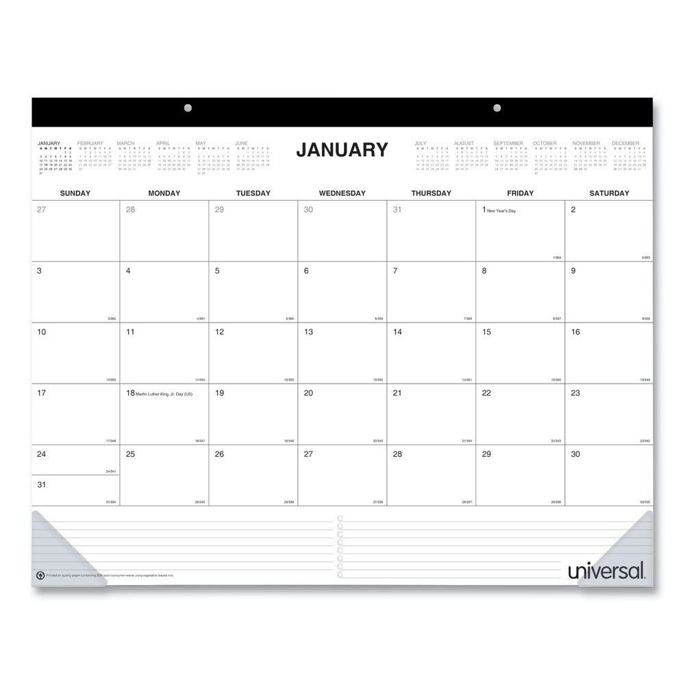 Universal 22 in. x 17 in. 12-Month (Jan-Dec 2026) Desk Pad Calendar - White Sheets/Black Binding/Clear Corners
