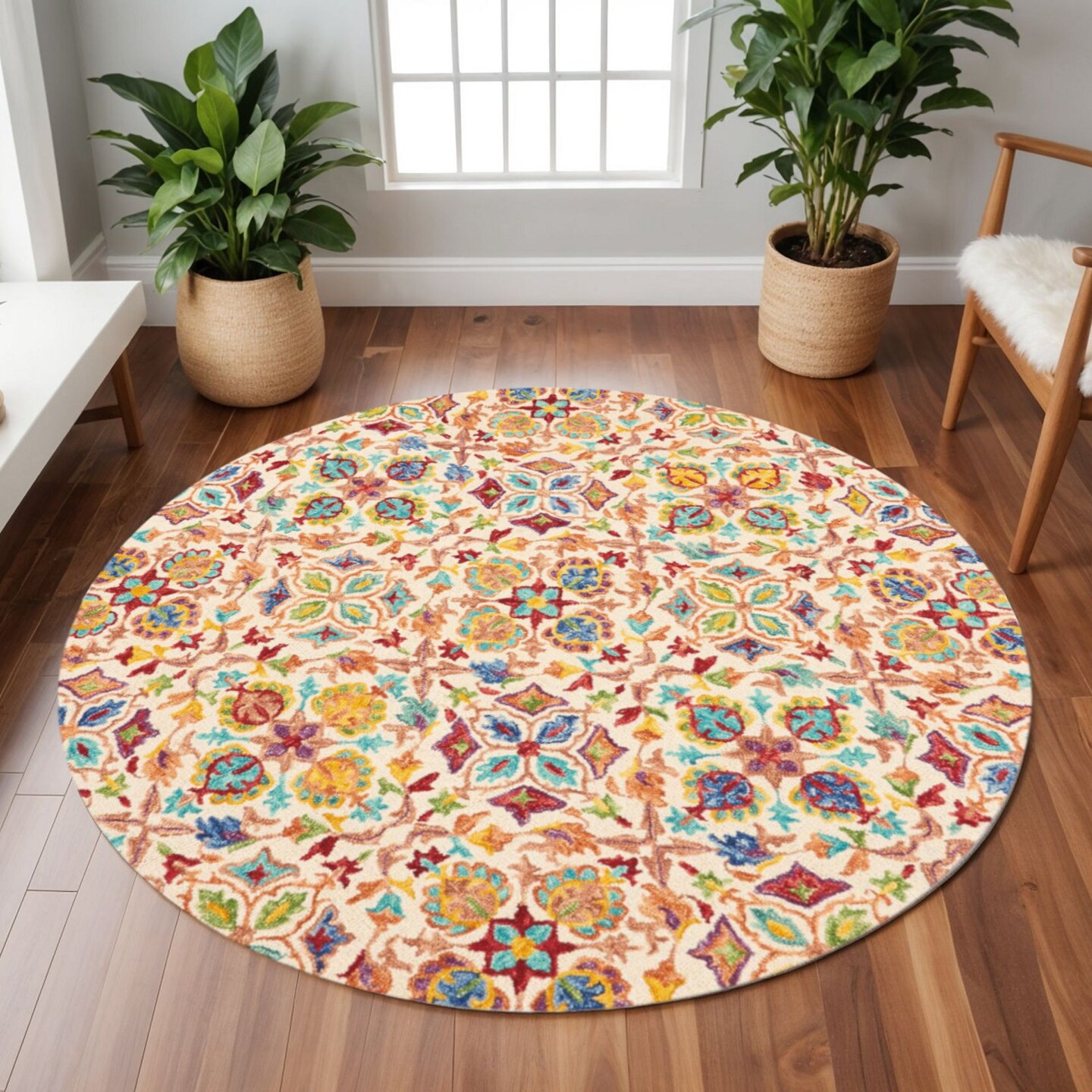 Edge Collections - 8' - Multicolor - Bohemian Floral Round Area Rug - 1 Piece