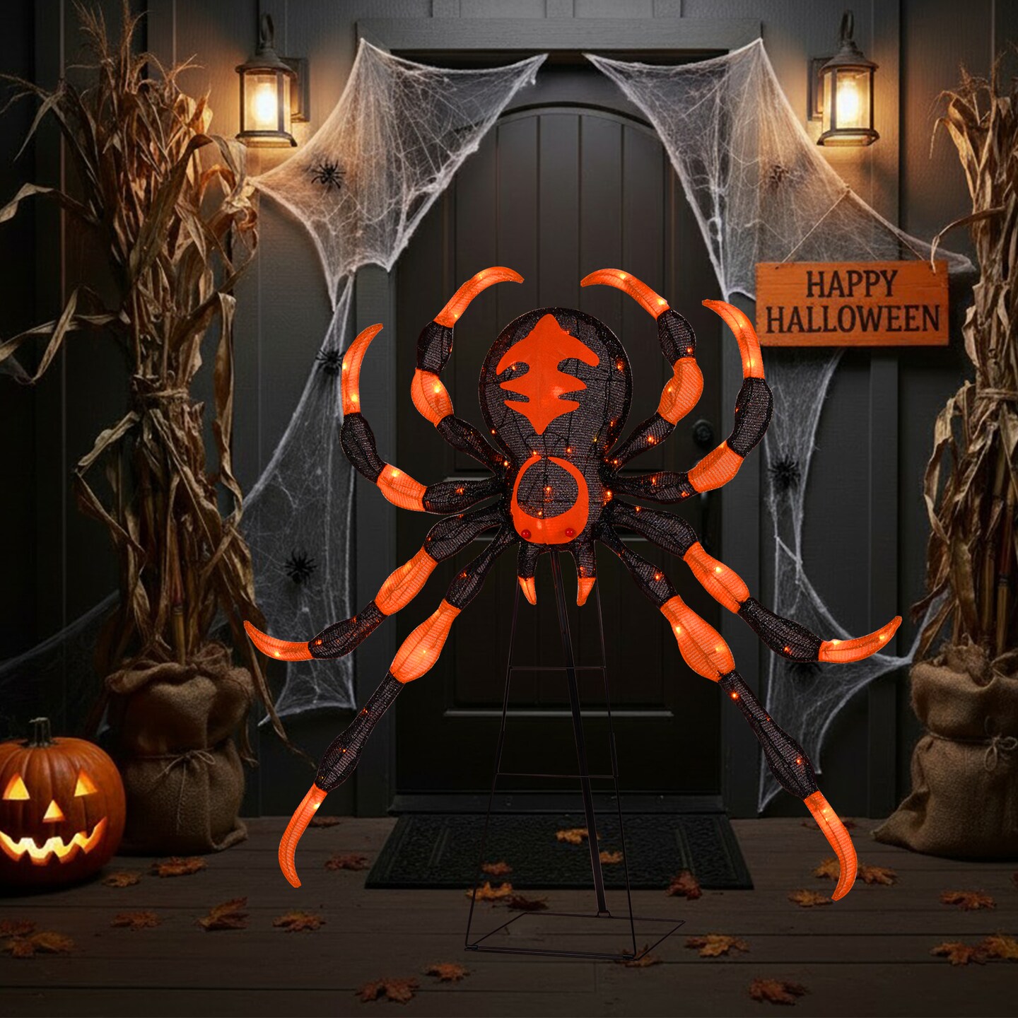 Orange-Black LED Metal Fabric Spider with Flickering Lights &#x2013; 52 inches Halloween Decor
