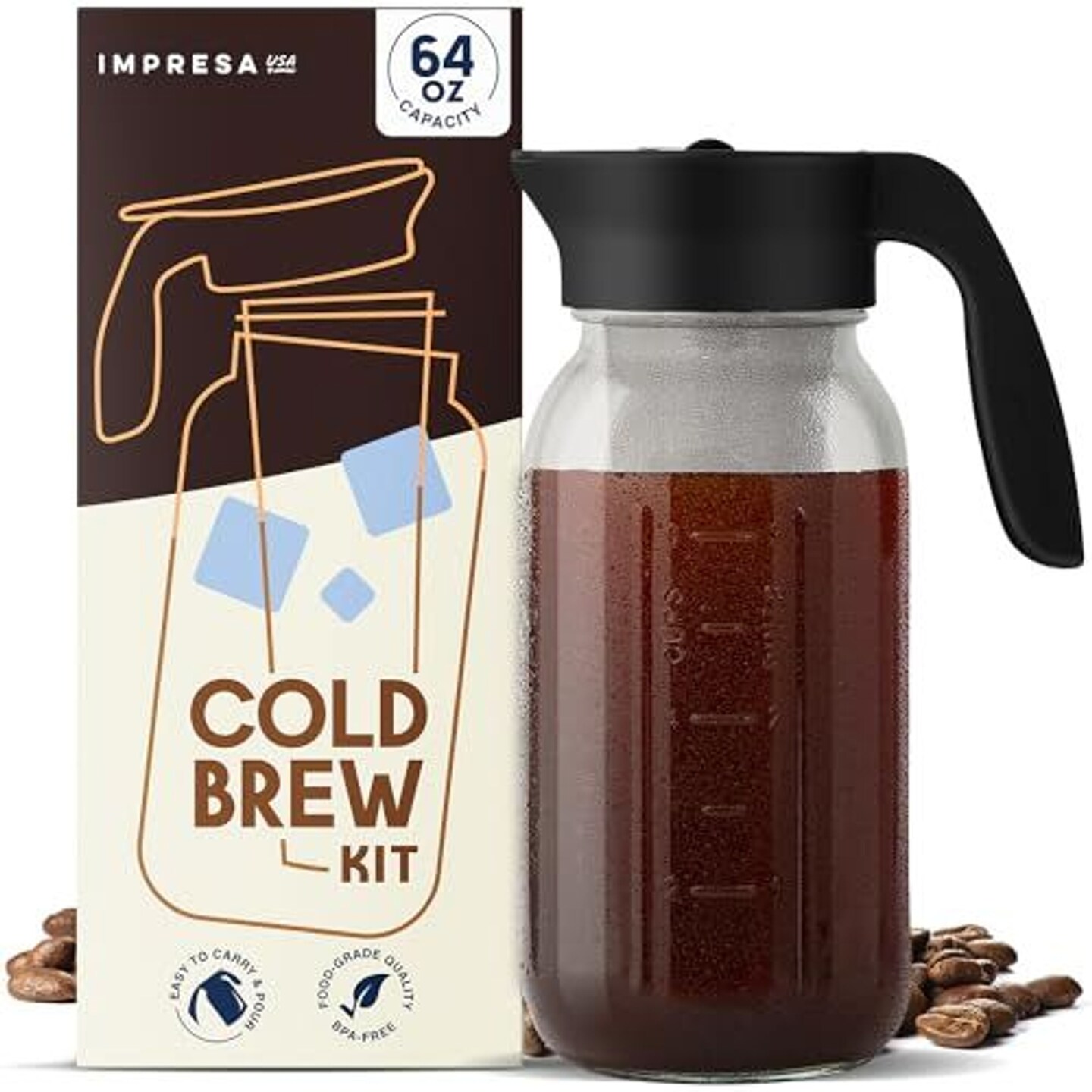 IMPRESA 64 oz Cold Brew Mason Jar Coffee Maker w/ Wide Mouth Cold Brew Coffee Pitcher, Lid, Bonus Gasket & Cold Brew Filter for Mason Jar - Glass Mason Jar - 64 oz Mason Jar Tea Infuser