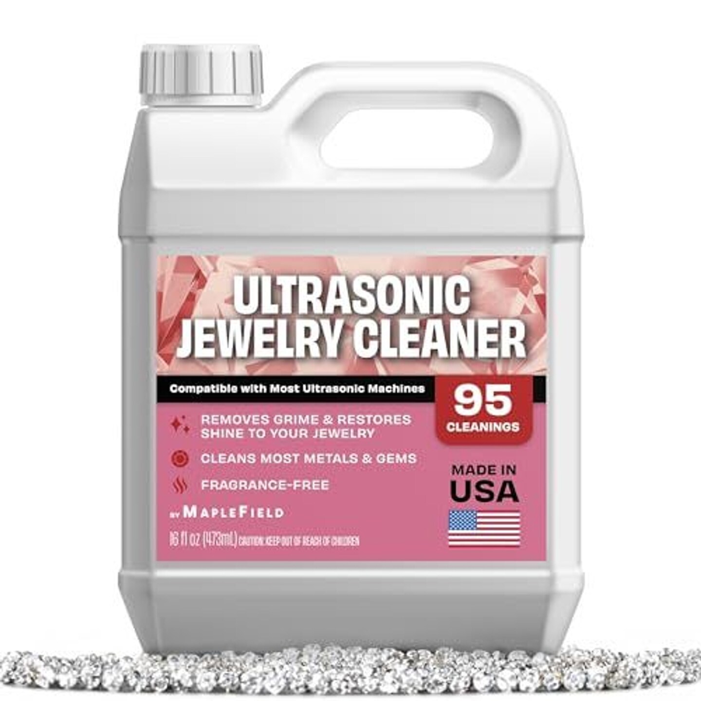 Maplefield Ultrasonic Jewelry Cleaner Solution - 16 oz Concentrated Bottle - Compatible with Diamond, Gold, Silver, and Gemstone Cleaning in Ultrasonic Machines - High-Efficiency Formula