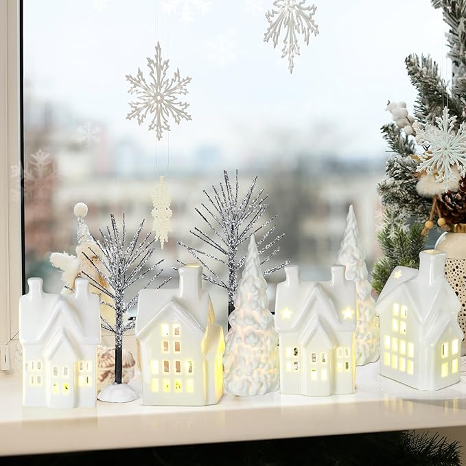 Village Houses Ceramic Christmas Tree Porcelain Plastic Vintage Truck Snow Covered Branch Trees for Xmas Party Table Decorations