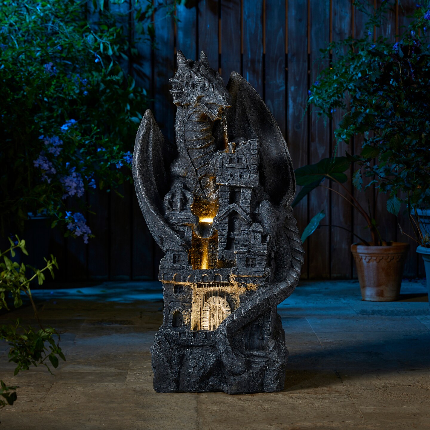 36.5&#x22;H Mystical Gothic Dragon Perched Atop The Castle Sculptural 4-Tier Polyresin Outdoor Floor Fountain with Pump and LED Light (KD)