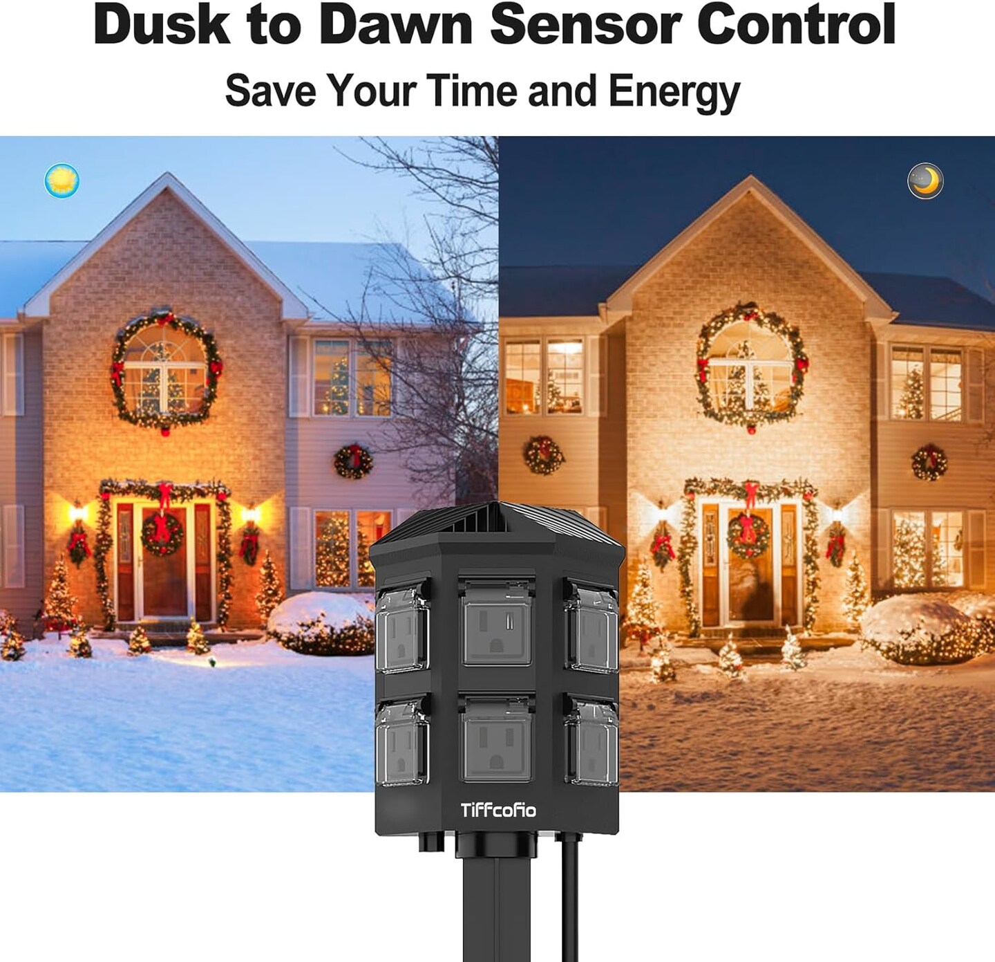 Outdoor Power Stake with Timer, 25FT Extension Cord Waterproof,Remote Control Dusk to Dawn Sensor Light Timer, 6 Grounded Outlets for Outdoor Decorations, 14 AWG, 15A/1875W, ETL Listed