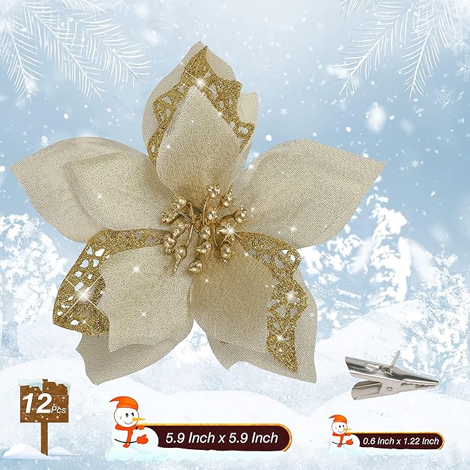 12 PCS Poinsettia Flower Artificial Poinsettia Christmas Decoration 5.9'' Gold Glitter Poinsettias Christmas Ornaments Christmas Tree Flower Decor with Clips DIY Xmas Wreath Holiday Home Party Decor