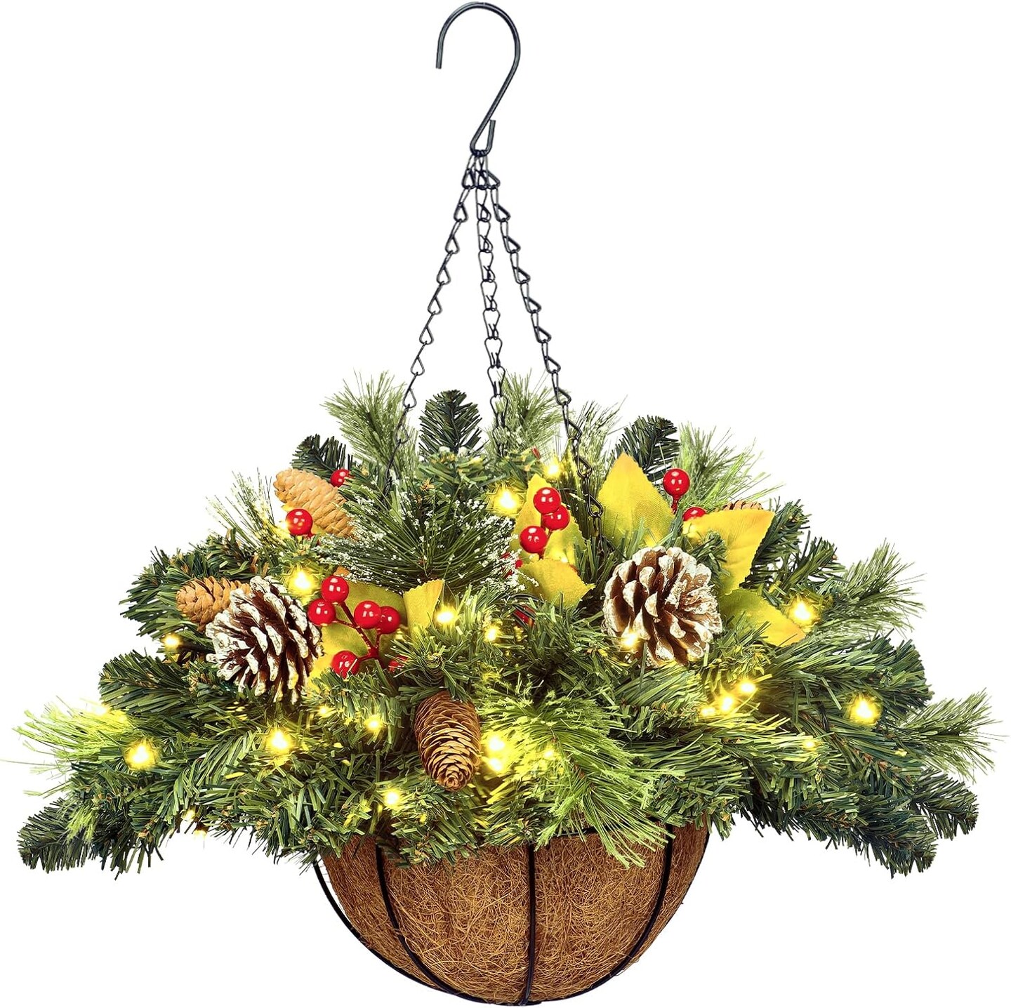 Artificial Christmas Hanging Basket, Decorated with Frosted Pine Cones, Berry Clusters, 30 LED Warm Lights,Christmas Outdoor Decorations for Front Porch Garden Yard Xmas Decor,20 Inches