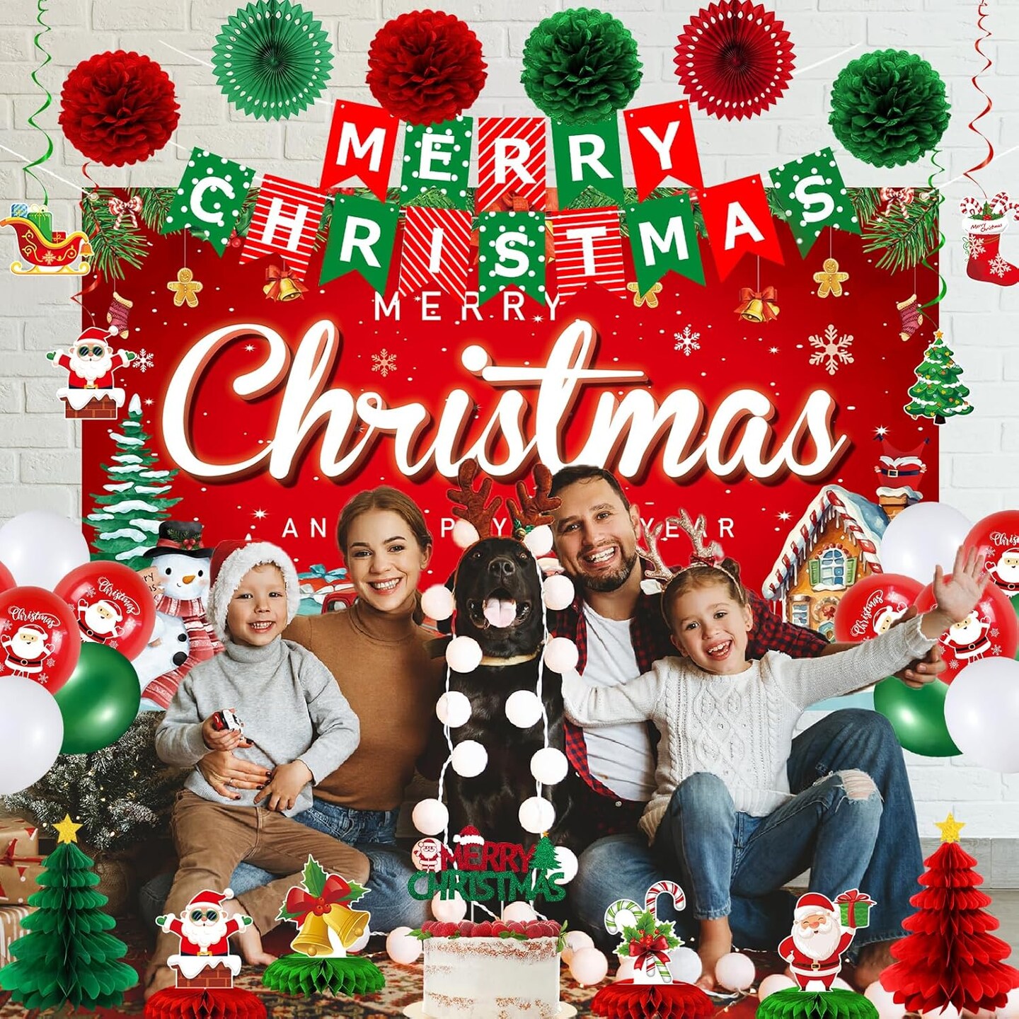 Vlipoean Red Christmas Party Decorations, 40PCS Merry Christmas Birthday Party Supplies with Christmas Backdrop Banner, Cute Honeycomb, Hanging Swirl, Christmas Background for Xmas Eve Happy New Year