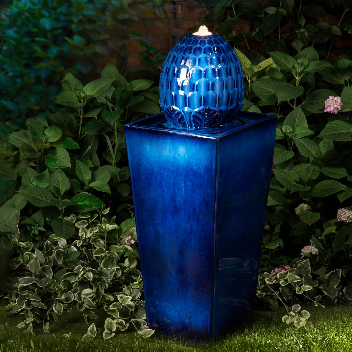 35.75&#x22;H Oversized Artichoke Pedestal Ceramic Outdoor Fountain with LED Light, Includes Pump, Multiple Colors